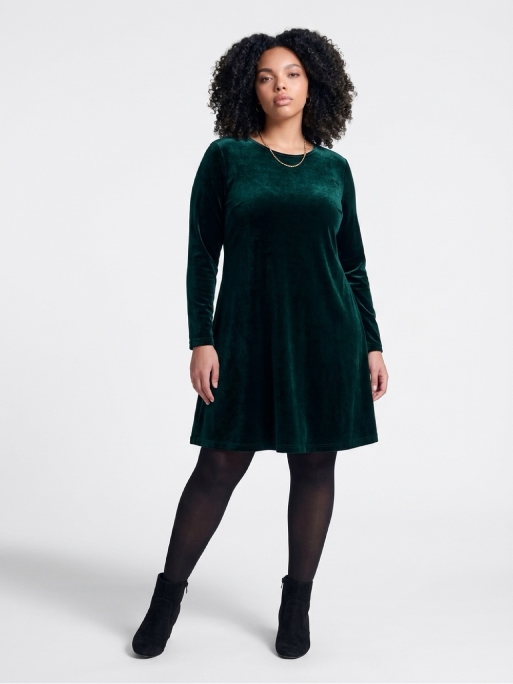 Women's dark green Velvet Long-Sleeve A-Line Dress